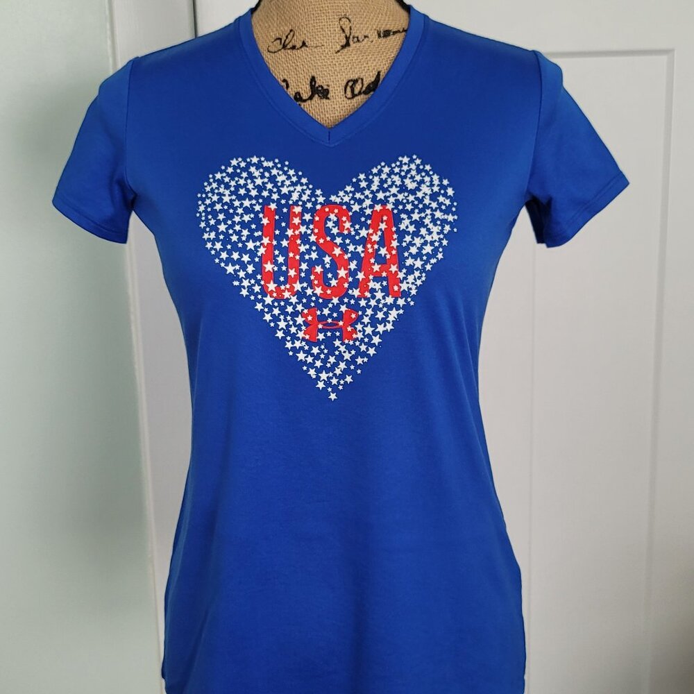 UNDER ARMOUR Blue Loose Fit T-SHIRT Heat Gear Girls YLG USA Print.